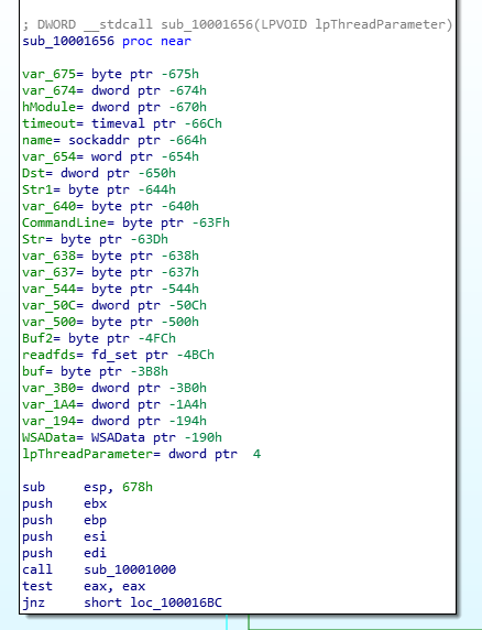 Local variables declared in the function at 0x10001656